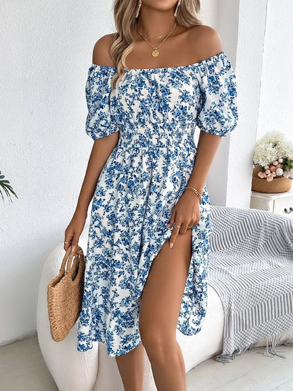 Floral Puff Sleeve Ruffled Hem Boho Dress - minbolu