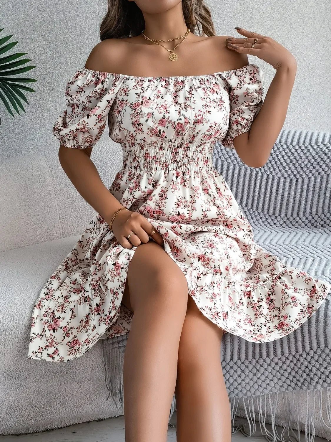 Floral Puff Sleeve Ruffled Hem Boho Dress - minbolu