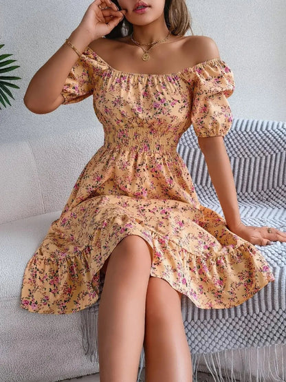 Floral Puff Sleeve Ruffled Hem Boho Dress - minbolu