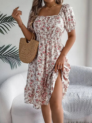 Floral Puff Sleeve Ruffled Hem Boho Dress - minbolu -