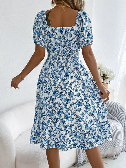Floral Puff Sleeve Ruffled Hem Boho Dress - minbolu