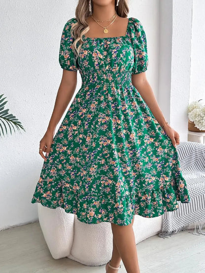 Floral Puff Sleeve Ruffled Hem Boho Dress - minbolu