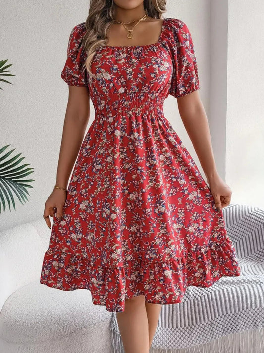 Floral Puff Sleeve Ruffled Hem Boho Dress - minbolu