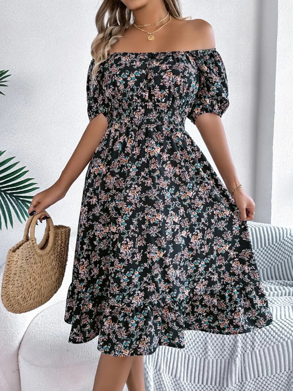 Floral Puff Sleeve Ruffled Hem Boho Dress - minbolu