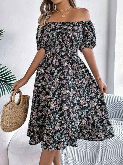 Floral Puff Sleeve Ruffled Hem Boho Dress - minbolu