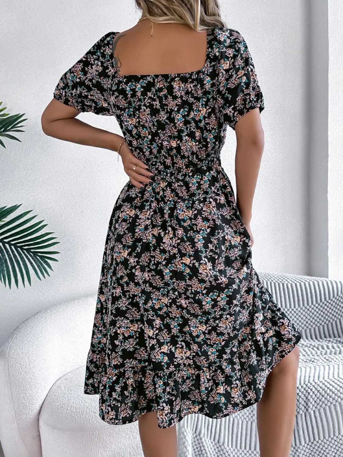 Floral Puff Sleeve Ruffled Hem Boho Dress - minbolu