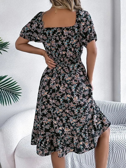 Floral Puff Sleeve Ruffled Hem Boho Dress - minbolu