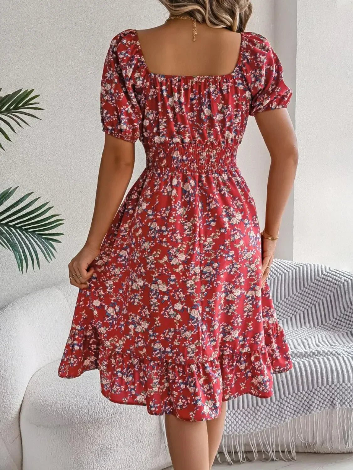 Floral Puff Sleeve Ruffled Hem Boho Dress - minbolu