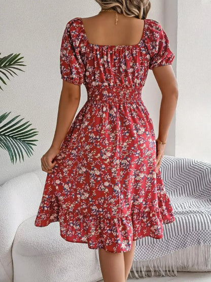 Floral Puff Sleeve Ruffled Hem Boho Dress - minbolu