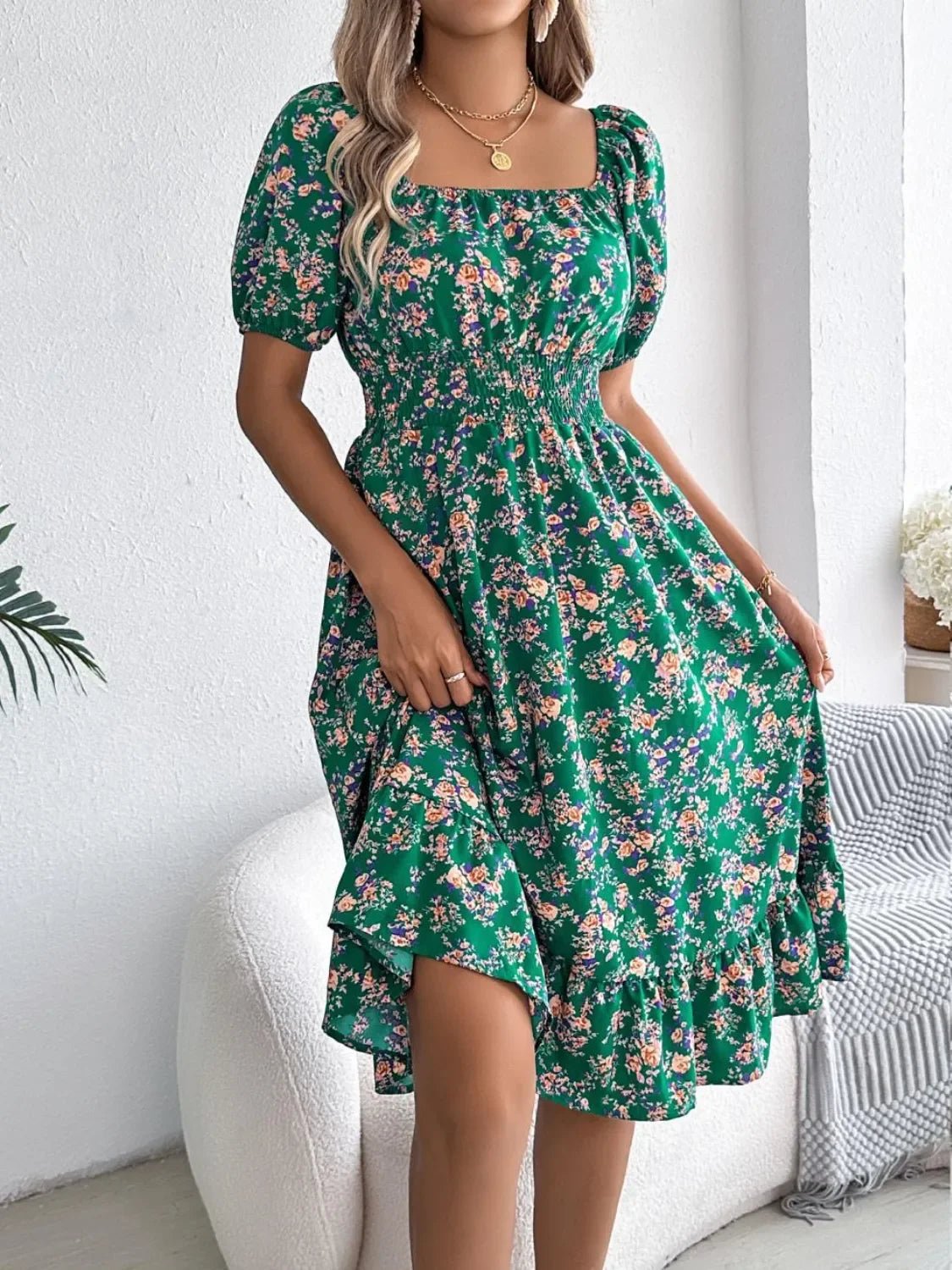 Floral Puff Sleeve Ruffled Hem Boho Dress - minbolu