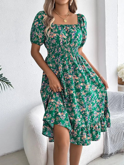 Floral Puff Sleeve Ruffled Hem Boho Dress - minbolu