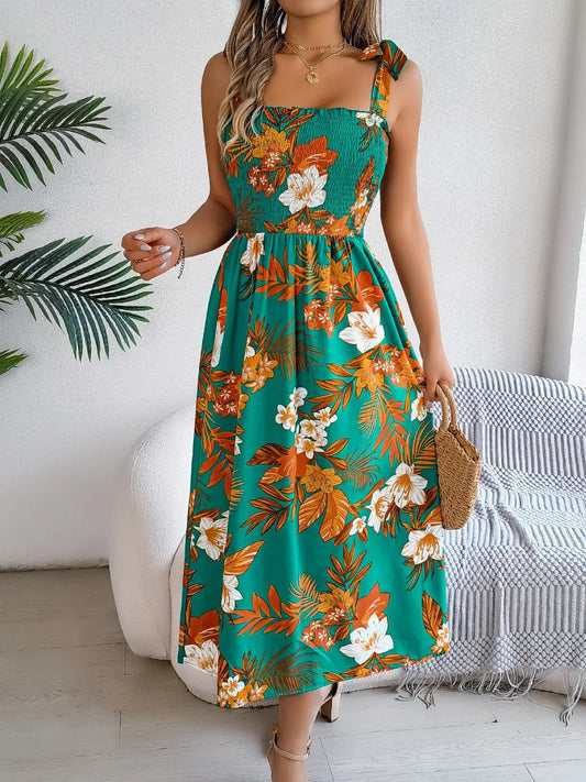 Floral Tie Shoulder Cami Dress - minbolu