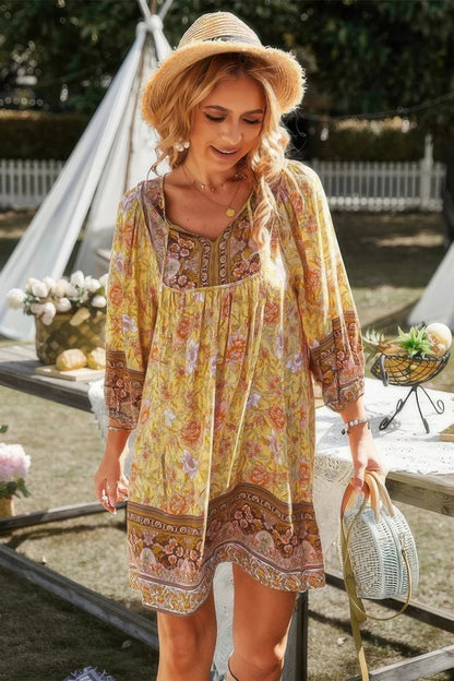 Floral V Neck Long Sleeve Boho A Line Dress - minbolu