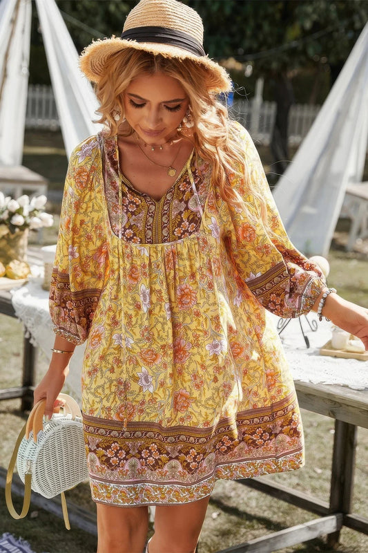 Floral V Neck Long Sleeve Boho A Line Dress - minbolu -