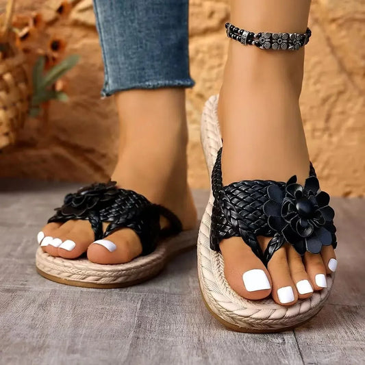 Flower Braided Espadrille Flat Sandals - minbolu -