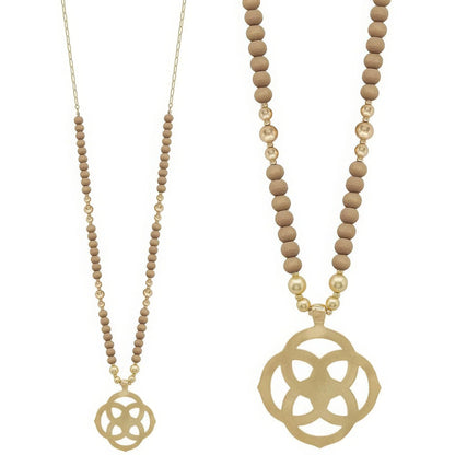 Flower Geometric Pendant Wood Bead Necklace - minbolu