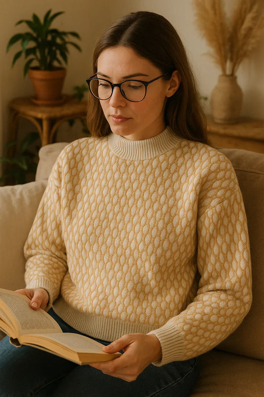 Focused reading lifestyle image with cable knit sweater