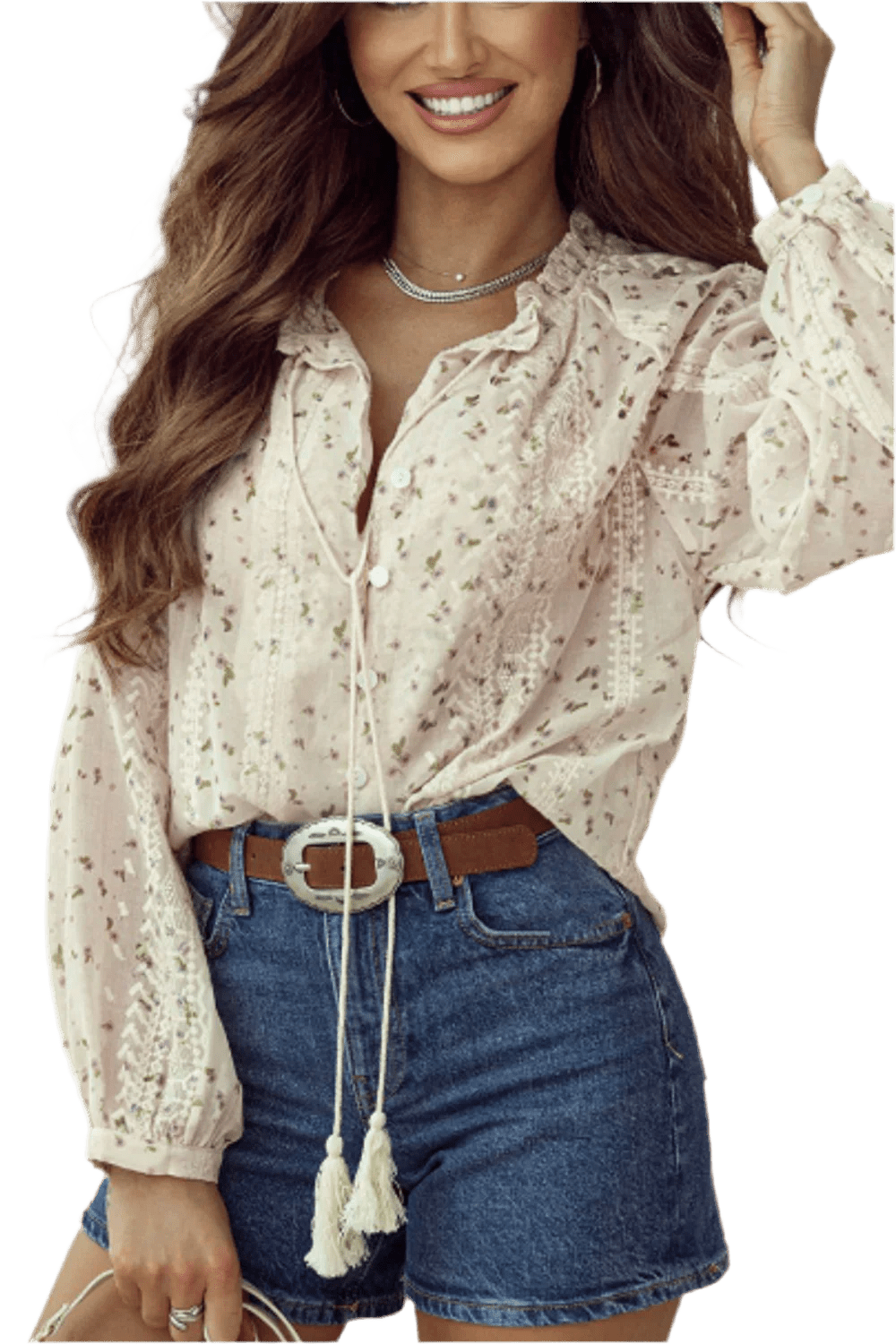 Frill Lace Detail Printed Long Sleeve Blouse - minbolu