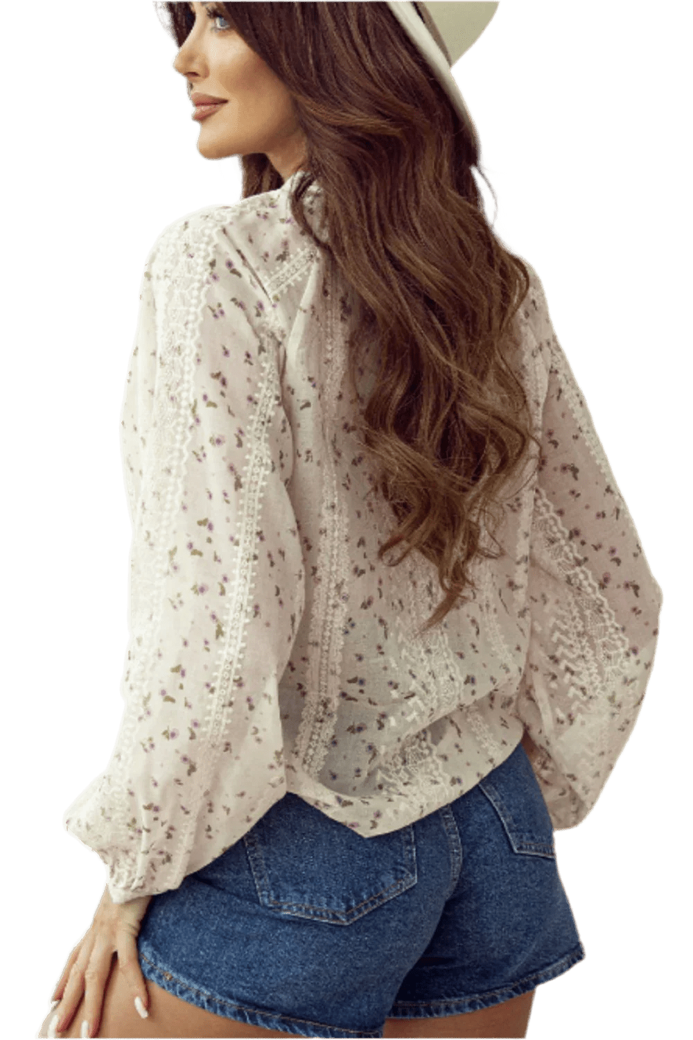 Frill Lace Detail Printed Long Sleeve Blouse - minbolu