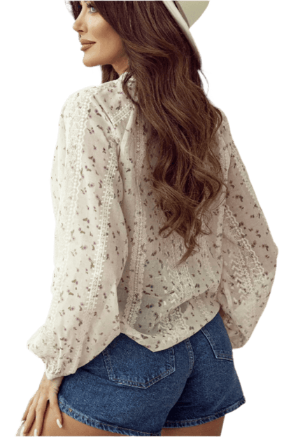 Frill Lace Detail Printed Long Sleeve Blouse - minbolu