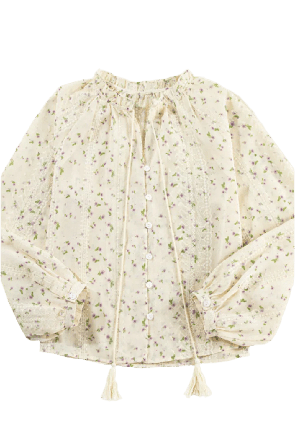 Frill Lace Detail Printed Long Sleeve Blouse - minbolu