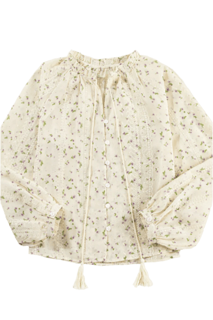 Frill Lace Detail Printed Long Sleeve Blouse - minbolu