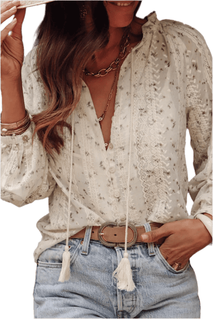 Frill Lace Detail Printed Long Sleeve Blouse - minbolu