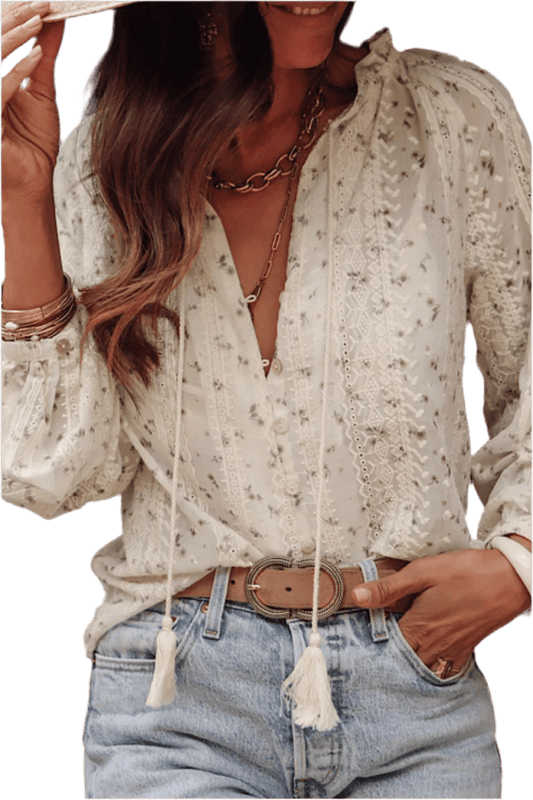 Frill Lace Detail Printed Long Sleeve Blouse - minbolu