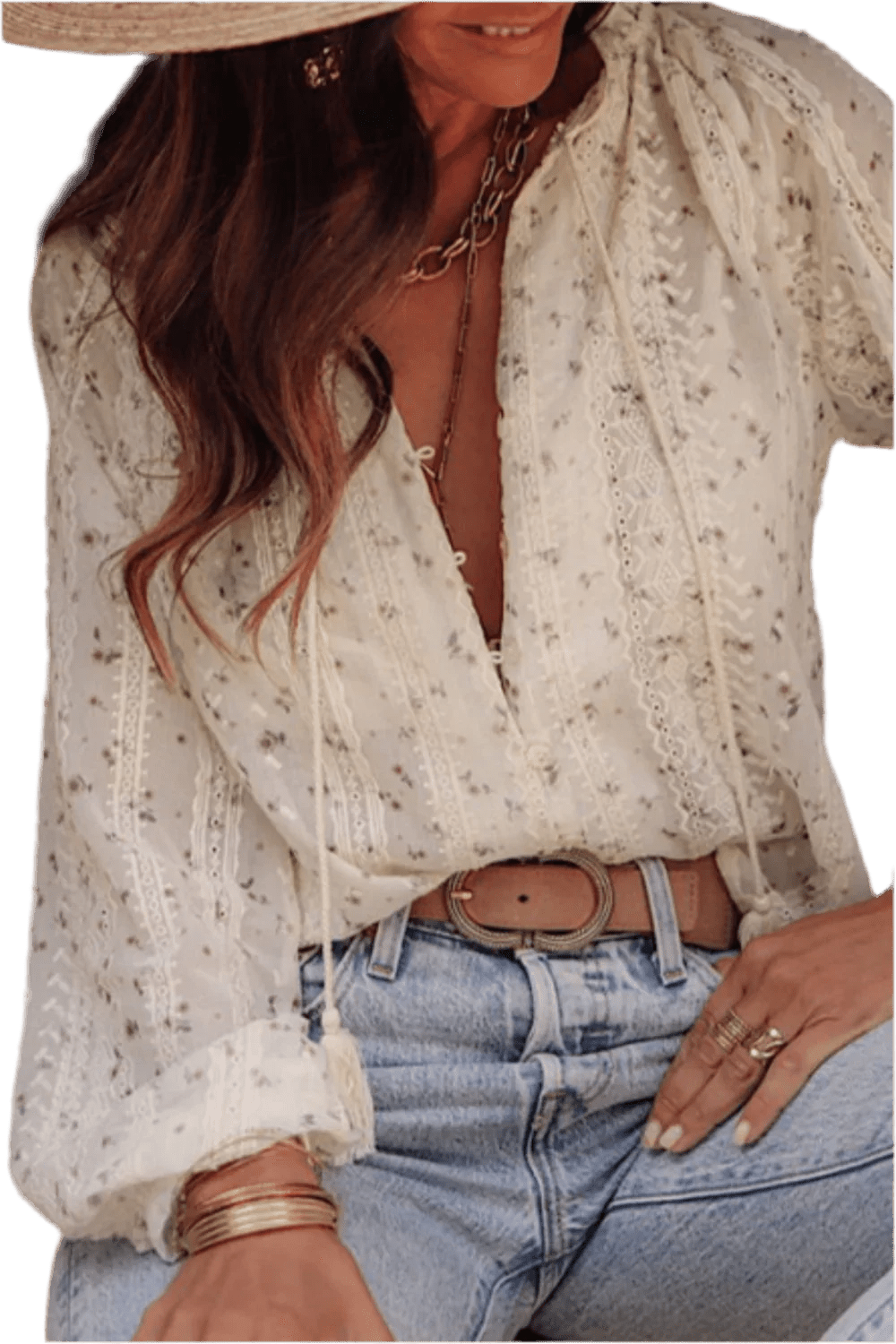 Frill Lace Detail Printed Long Sleeve Blouse - minbolu