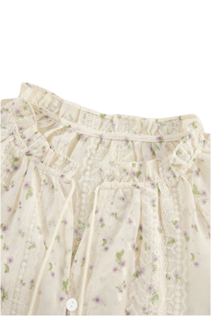 Frill Lace Detail Printed Long Sleeve Blouse - minbolu