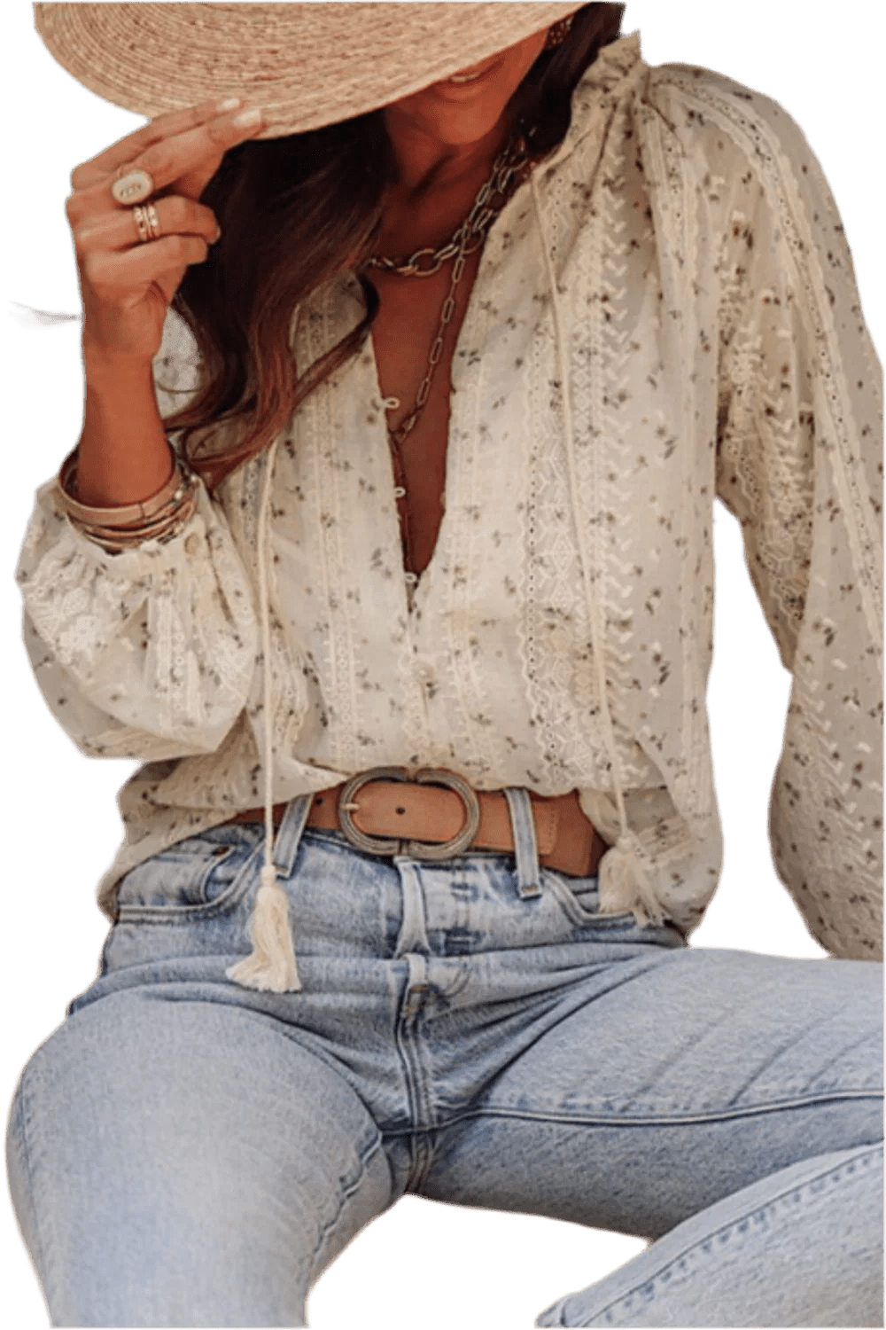 Frill Lace Detail Printed Long Sleeve Blouse - minbolu