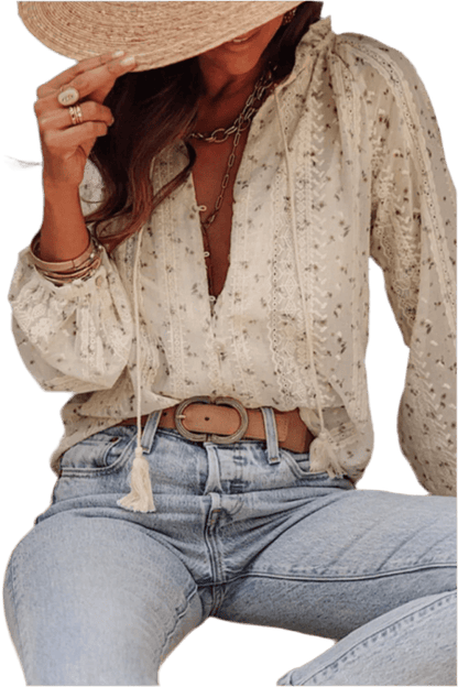 Frill Lace Detail Printed Long Sleeve Blouse - minbolu