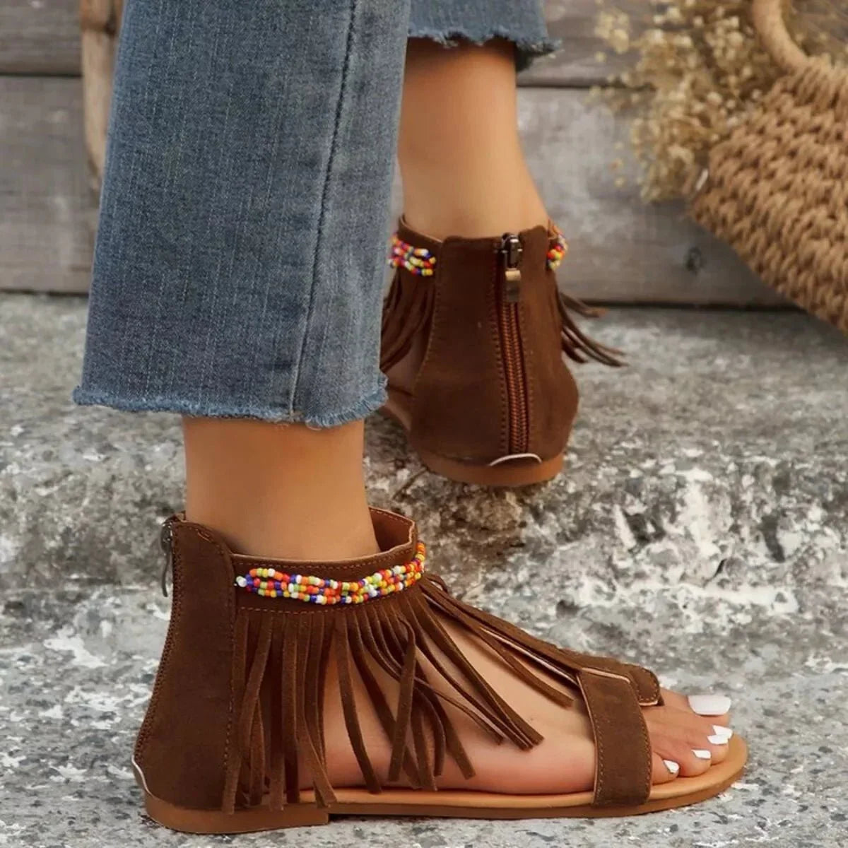 Fringe Ankle Strap Sandals - minbolu -