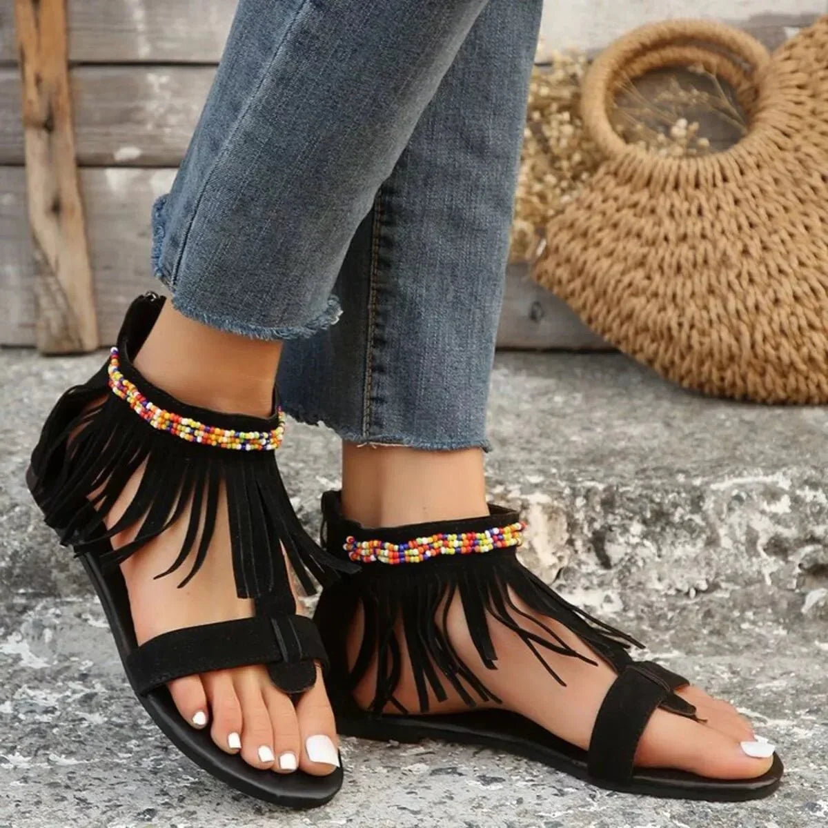 Fringe Ankle Strap Sandals - minbolu -