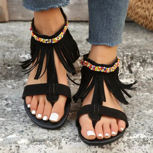 Fringe Ankle Strap Sandals - minbolu -