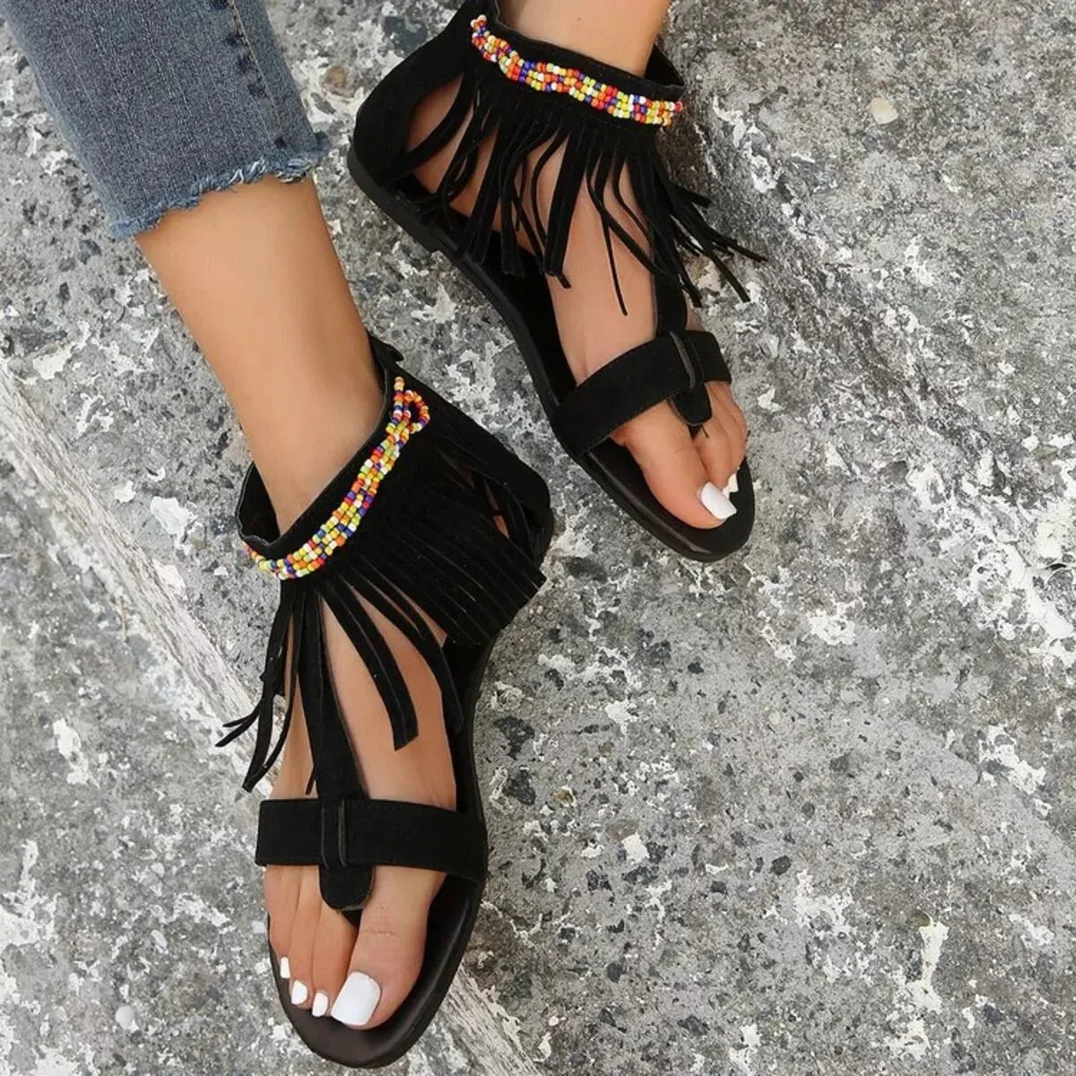 Fringe Ankle Strap Sandals - minbolu -