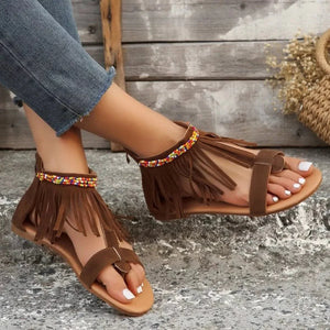 Fringe Ankle Strap Sandals - minbolu -