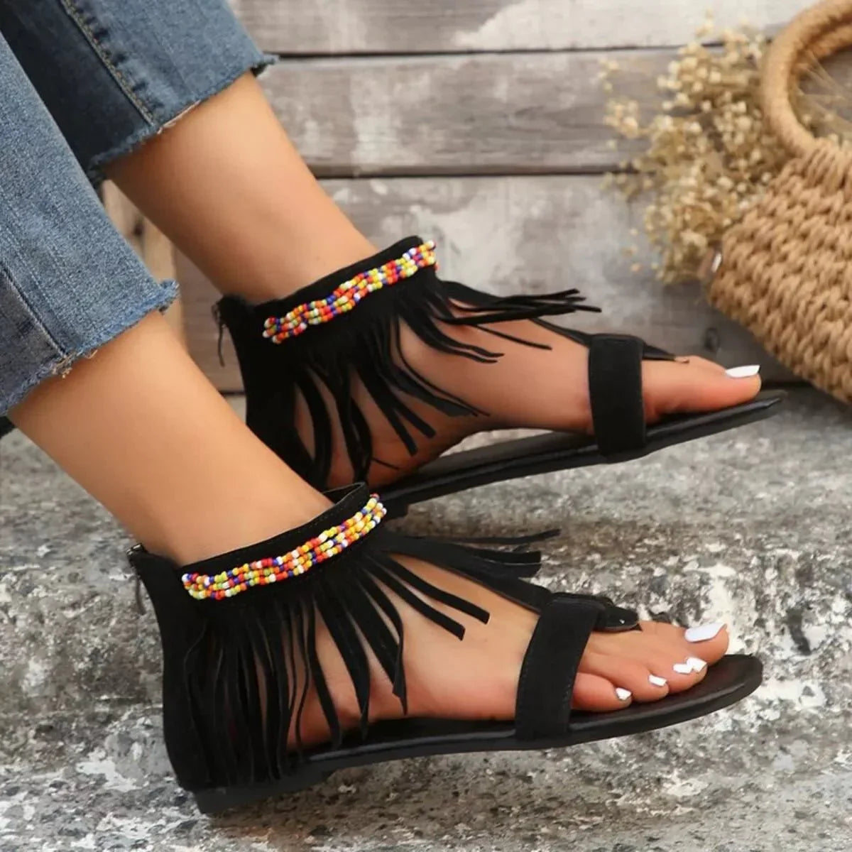 Fringe Ankle Strap Sandals - minbolu -