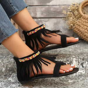 Fringe Ankle Strap Sandals - minbolu -