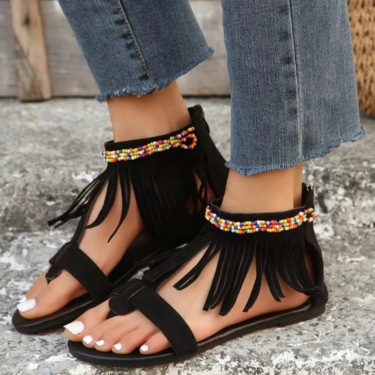 Fringe Ankle Strap Sandals - minbolu -