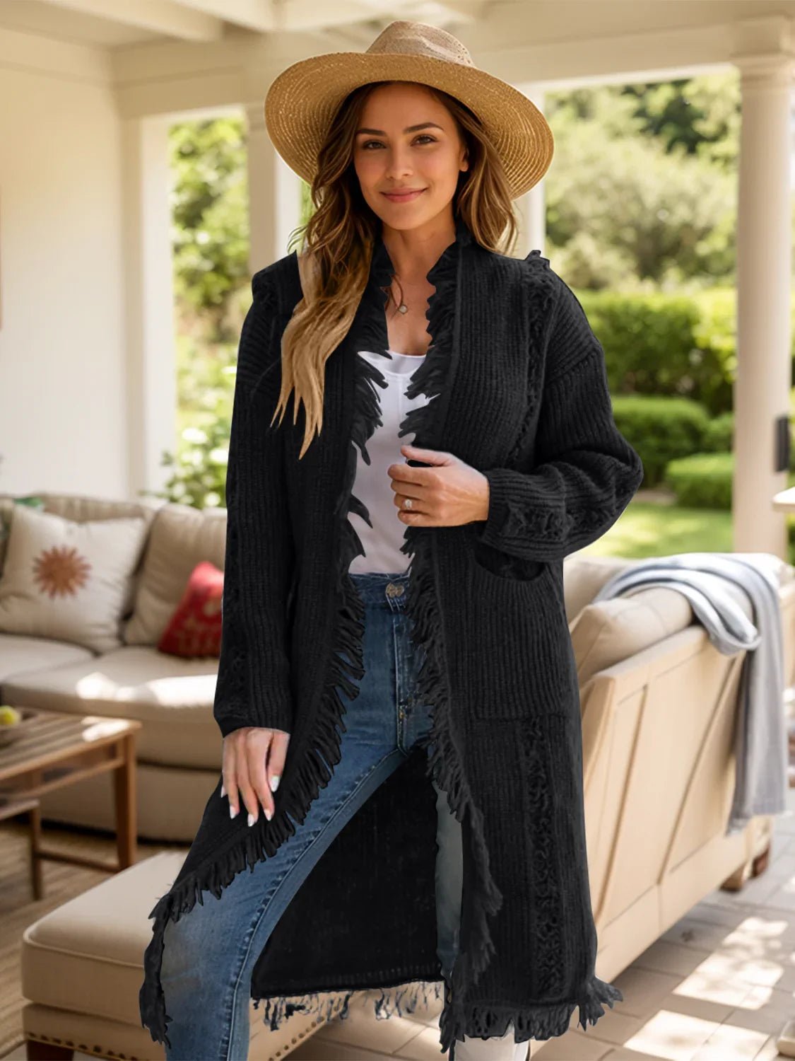 Fringe Open Front Cardigan - minbolu