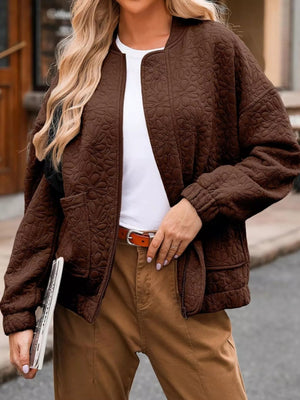 Full Size Floral Quilted Zip Up Jacket Plus Size - minbolu -