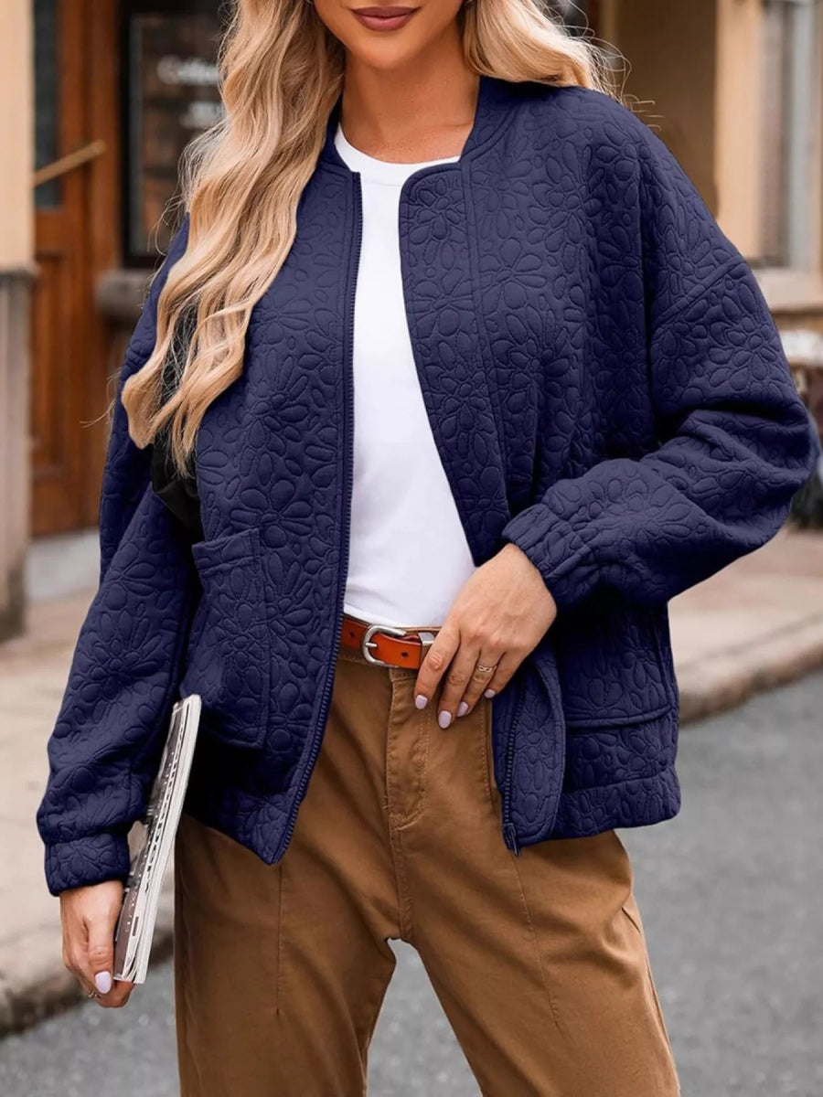 Full Size Floral Quilted Zip Up Jacket Plus Size - minbolu -