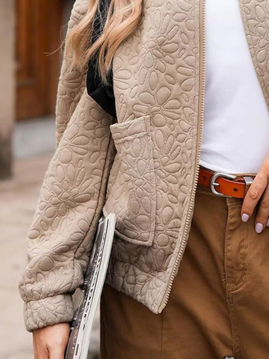 Full Size Floral Quilted Zip Up Jacket Plus Size - minbolu -