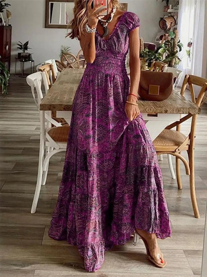 Full Size Smocked Printed V - Neck Short Sleeve Dress - minbolu