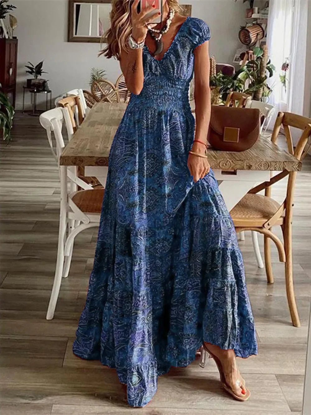 Full Size Smocked Printed V - Neck Short Sleeve Dress - minbolu