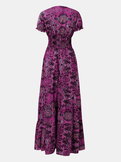 Full Size Smocked Printed V - Neck Short Sleeve Dress - minbolu