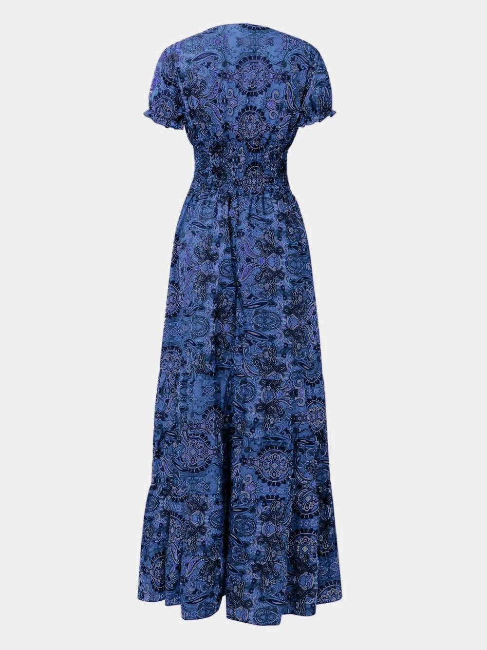 Full Size Smocked Printed V - Neck Short Sleeve Dress - minbolu