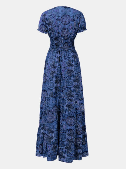 Full Size Smocked Printed V - Neck Short Sleeve Dress - minbolu