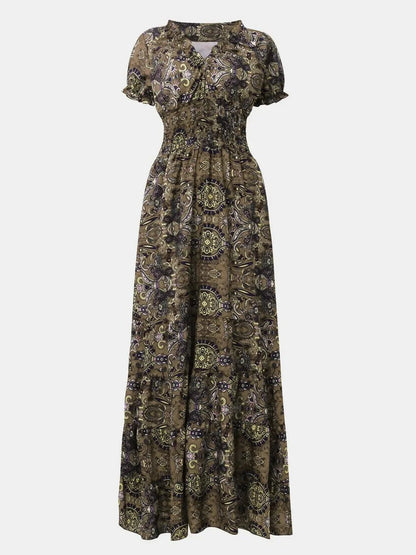 Full Size Smocked Printed V - Neck Short Sleeve Dress - minbolu